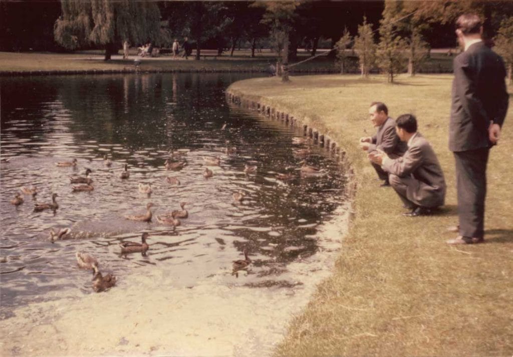 Feeding ducks in Germany, where Father created holy grounds in Berlin, Frankfurt and Essen.