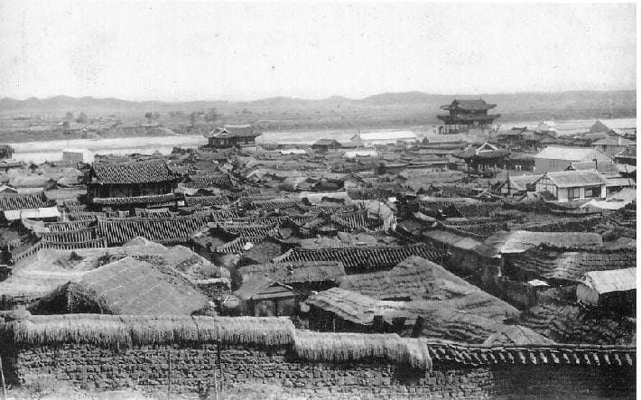 Pyongyang Old Town, the Taedong River can be seen in the distance