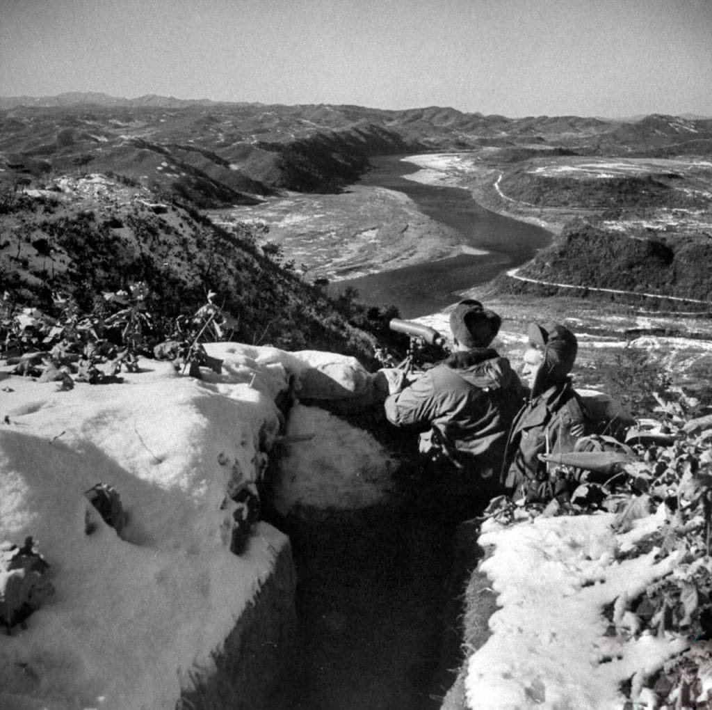 A UN forces checkpoint overlooking the Imjin River (near the border between North and South Korea) during the Korean War